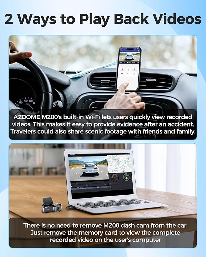 AZDOME M200 Mini Dash Cam WiFi Dashcam - Single Channel Dash Cam for Broad Road Coverage - Built-in WiFi - Full HD Resolution - Parking Monitor - App Connectivity - Collision Detection - Night Vision