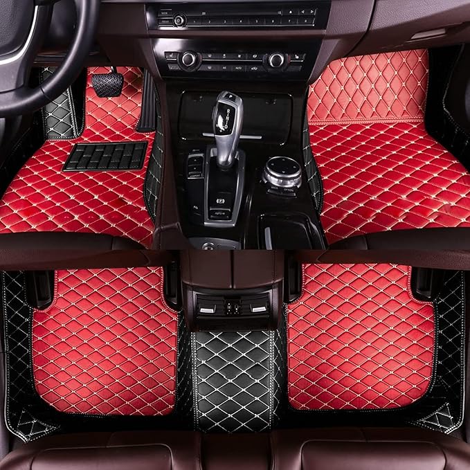 Custom Car Floor Mat Compatible with 97% Car Models Luxury Leather All Weather Waterproof Anti-Skid Full Coverage Car Mats (Black and red)