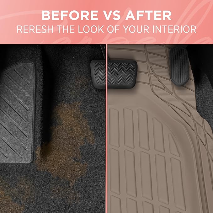 CARBELLA Heavy Duty Rubber 4-Piece Beige Car Floor Mats - Universal Trimmable All-Weather Car Accessories - Girl Car Accessories for Women & Cute Car Mats for Women for Girly Car Decor, Truck, & SUV