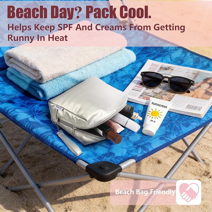 Insulated Cooling Makeup Bag with 2 Reusable Ice Packs Heat-Resistant Cosmetic Travel Organizer Silver Vegan Leather with Water-Resistant Double Zipper & Wrist Strap (Medium: 9.5x4.0x7.0in)
