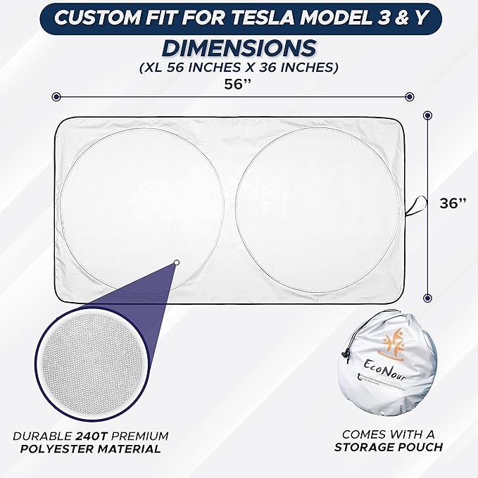 EcoNour Windshield Sun Shade Compatible for Tesla Model 3 & Model Y 2017–2026 | Custom Fit EV Front Window Sunshade | Foldable Heat & UV Reflective Sun Visor
