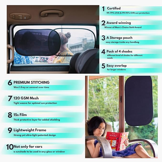Car Window Shades - Certified 99.79% UVA & 99.95% UVB sun protection. Award winning car sun shade for side windows. 4 Pack (2 Transparency options) 20" x 12" -window shade for car baby by Kinder Fluff
