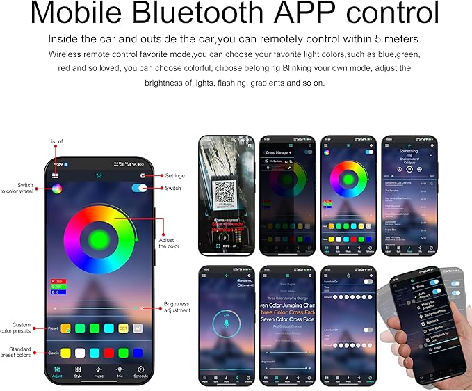 Car Footwell Atmosphere Light Kit RGB Multicolor Sound Active Music Sync Memory Function Bluetooth APP Control 64 Colors USB Car Interior Ambient Lighting Kit DC 12V