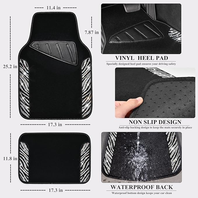 CAR PASS Bling Zebra Car Mats Rhinestones Diamond Waterproof Floor Mat Crystal Sparkly Shining Glitter Carpet Anti-Slip PVC Heel Pad, Universal Fit Automotive SUV,Sedan,4pcs Girly Women, Zebra Diamond