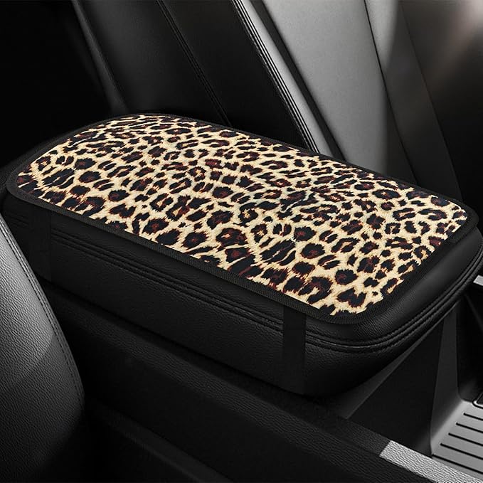 Leopard Cheetah Print African Animal Hunting Auto Center Console Armrest Pad, Car Center Console Cover, Auto Accessories Soft Comfort Armrest Cover Cushion Mat for Most Cars (Brown leopard print)