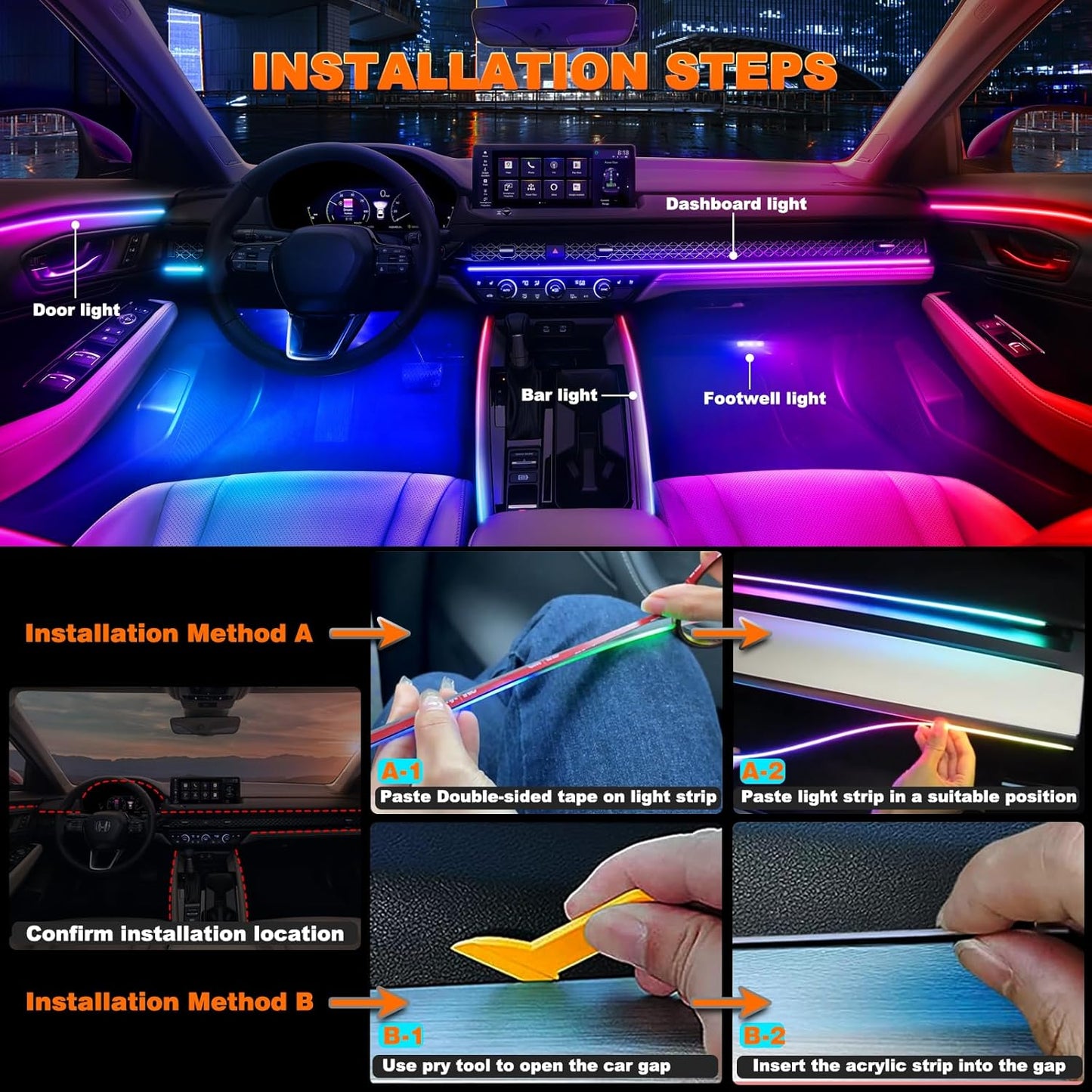 Car LED Strip Lights, Interior Acrylic LED Lights for Car with Dynamic Rainbow Dream Color Chasing, Car Ambient Lighting Kits, Music Sync (8 in 1(6 * 29.5+43.3+14.5 inches))