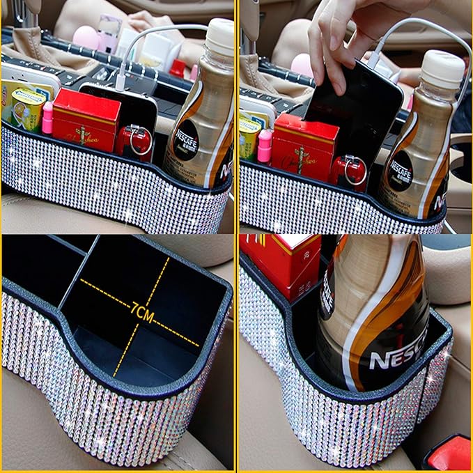 Car Seat Side Drop Organizer, Sparkle Car Seat Gap Filler, Car Seat Console Storage Organizer, Crystal Car Seat Pockets with Cup Holder and Two Charging Ports for Co-Driver.