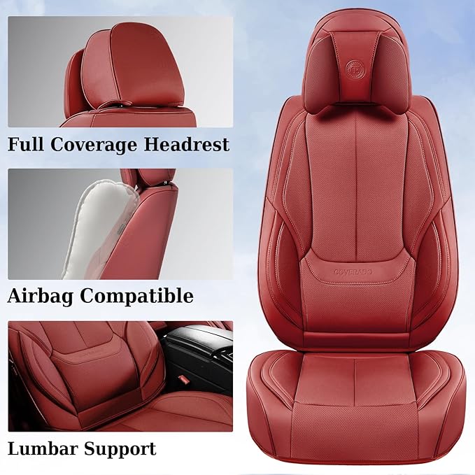 Coverado Universal Seat Covers Full Set, Universal Seat Covers for Cars, 5 Seats Waterproof Nappa Leather Car Seat Covers with Head Pillow, Auto Protectors Fit for Most Sedans SUV Pick-up Truck-Red
