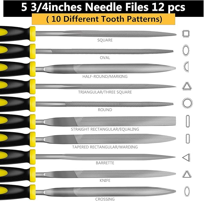 Metal File Set, Large Flat File/Half-Round File/Triangle File/Round File and 12 pcs Needle Files with Storage Bag and Steel Brush for Woodwork, Metal, Leather and Plastic
