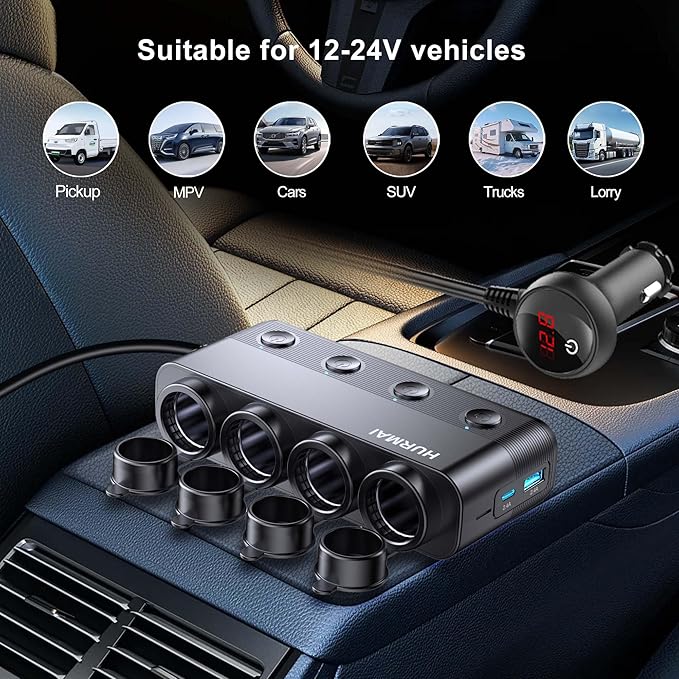 Cigarette Lighter Splitter 216W 4 Socket Car Cigarette Lighter Adapter Heavy Duty Truck Car USB Chager Multi Port USB C 12V/24V Independent Switches & Dust Cover & Waterproof for Car Devices