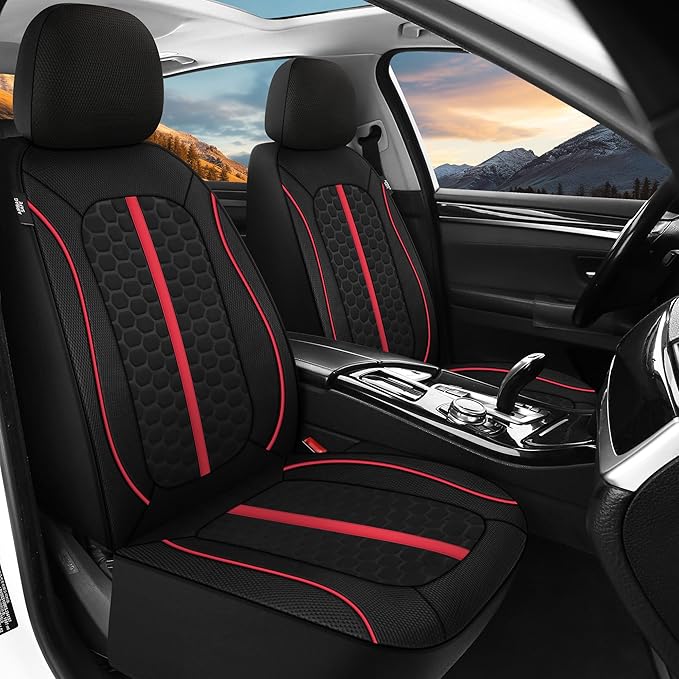 Breathable Premium Car Seat Covers Front Set，3D Air-Mesh Seat Covers for Cars，Comfortable Safety Airbag Compatible，Universal for Most Cars Sedan Truck SUV(Black/Red)