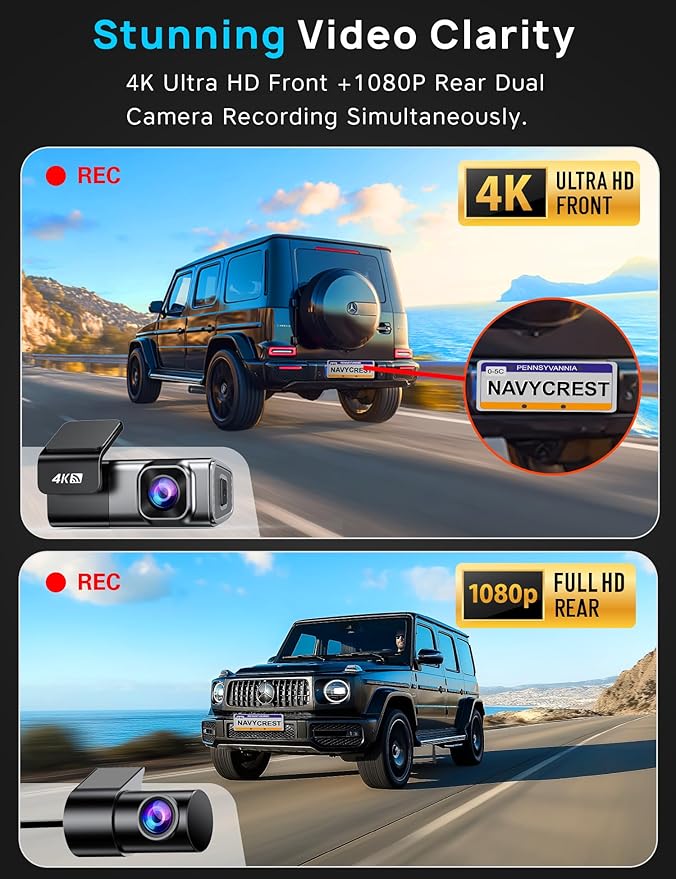 Navycrest 4K Dash Cam Front and Rear with 64GB Card, Built-in 5G WiFi, Dash Camera for Cars 4K Front and 1080P Rear, Dashcams for Cars Loop Recording, Gravity Sensor, 24-Hours Parking Mode