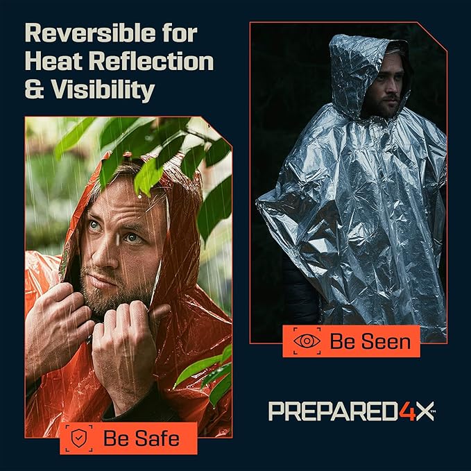 PREPARED4X Emergency Mylar Poncho – Survival Rain Poncho with Hood – Lightweight, Compact, Reusable Emergency Blanket Poncho for Hiking, Camping, Thermal Gear, Car Kit, Outdoors