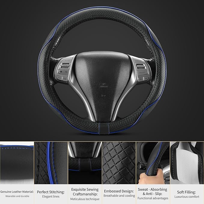 Steering Wheel Cover,Anti-Slip, Safety,Soft,Breathable,Heavy Duty,Thick,Full Surround, Sports Style,Universal Car Accessories for Women Men Fit 14" 1/2-15"(Black with Blue line)