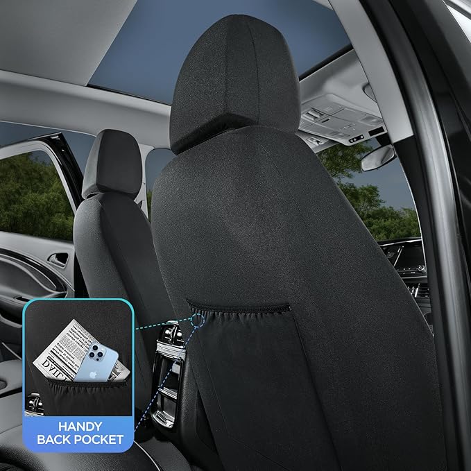 Road Comforts Car Seat Covers, Leather Front Seat Covers with Piping, Air-Cool Mesh Designed, Airbag Compatible Automotive Seat Covers for Most Car, Truck, Van, SUV - Black with Beige Piping