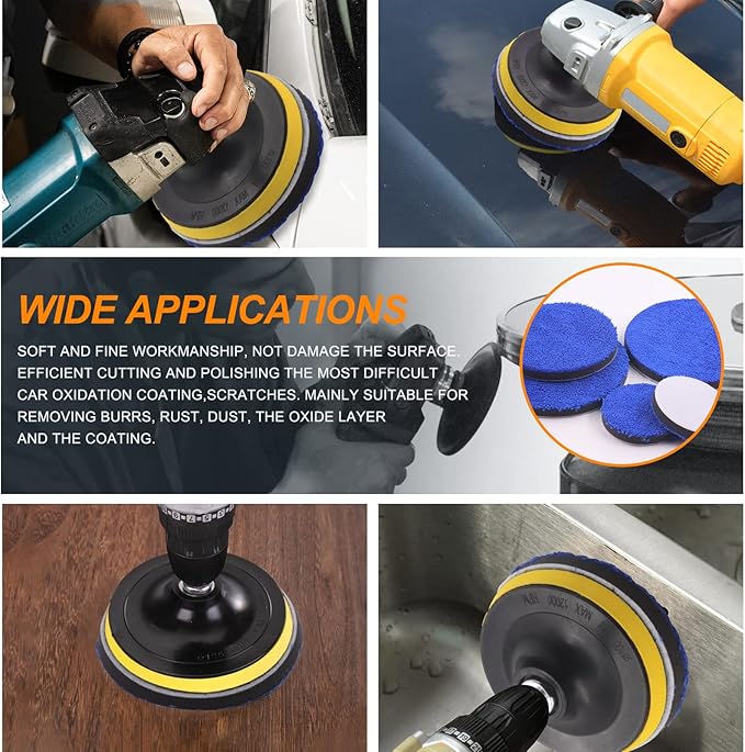 4 Sizes Microfiber Polishing Buffing Pads Kits Removing Wax with 3" 4" 5" 6" Hook and Loop Backing Pads Buffer Pads Microfiber Wax Applicator for Car Polishing Waxing and Cleaning