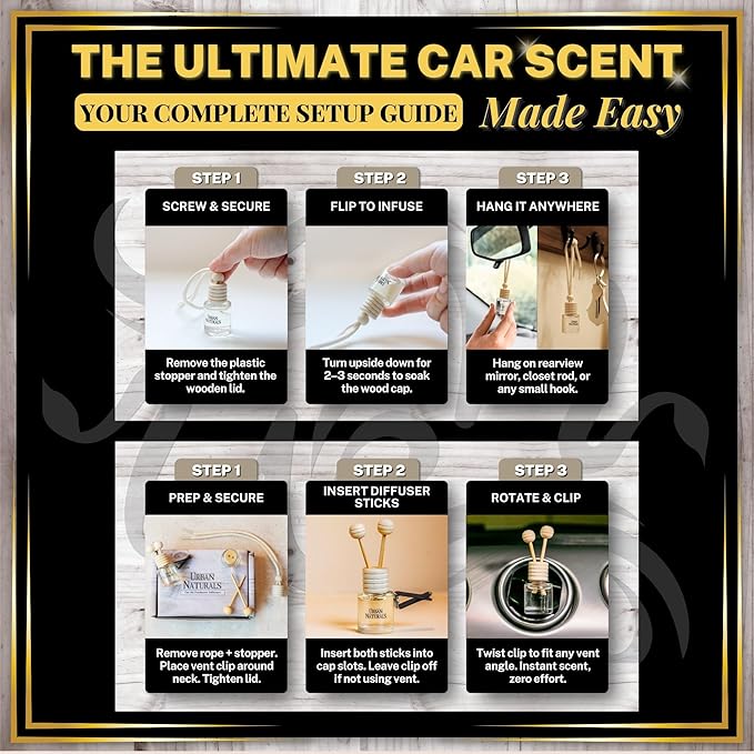 Urban Naturals Car Air Freshener Hanging + Vent Clip, 24K Citron Scent Diffuser, Long Lasting Car Fresheners Made in USA, Auto Accessories for women (1 Pack)