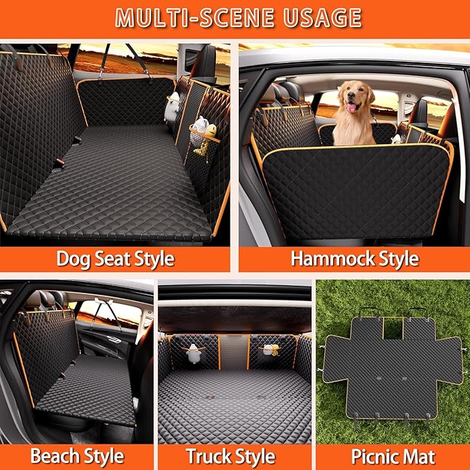 Back Seat Extender for Dogs - Large Space, Waterproof Hard-Bottom Dog Car Seat Cover for Back Seat, Holds 420lbs, Upgraded Material Waterproof Pet Car Bed Dog Hammock for Car, SUV(Gray Orange)