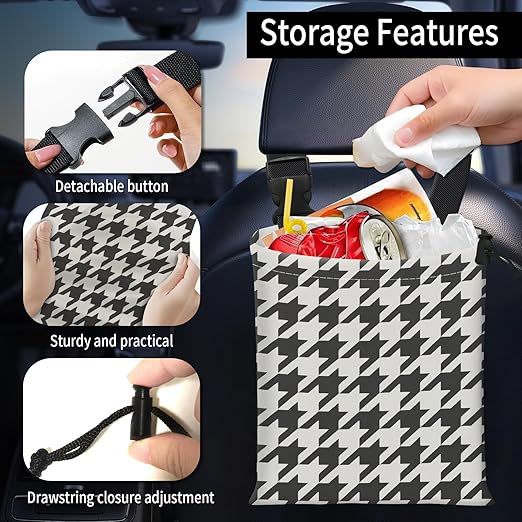 Car Trash Bag Large Hanging Can for Back of Seat, Cute Waterproof Car Garbage Bag for Vehicle, Travelling, Outdoor Black White Houndstooth