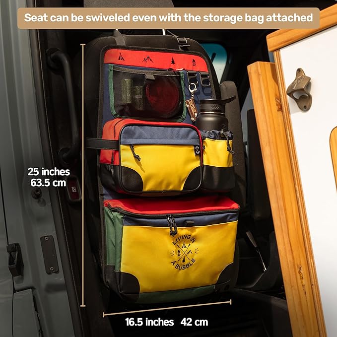 Living in a Bubble Seat back Organizer – Magnetic Toiletry and Cooler Pouch, Cordura Car Backseat Storage with Device Holder & Hooks, Multi-Compartment Utility Bag for Campervans & Family Travel