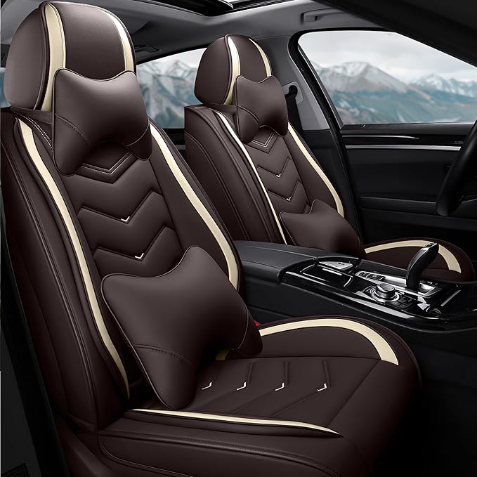 Car Seat Covers Fit for Toyota rav4 2000-2026, Stylish Sport Seat Covers, Waterproof Wear-Resistant Premium Nappa Leather Car Seat Cover.(2 Pcs Front with Pillow/Coffee Color)