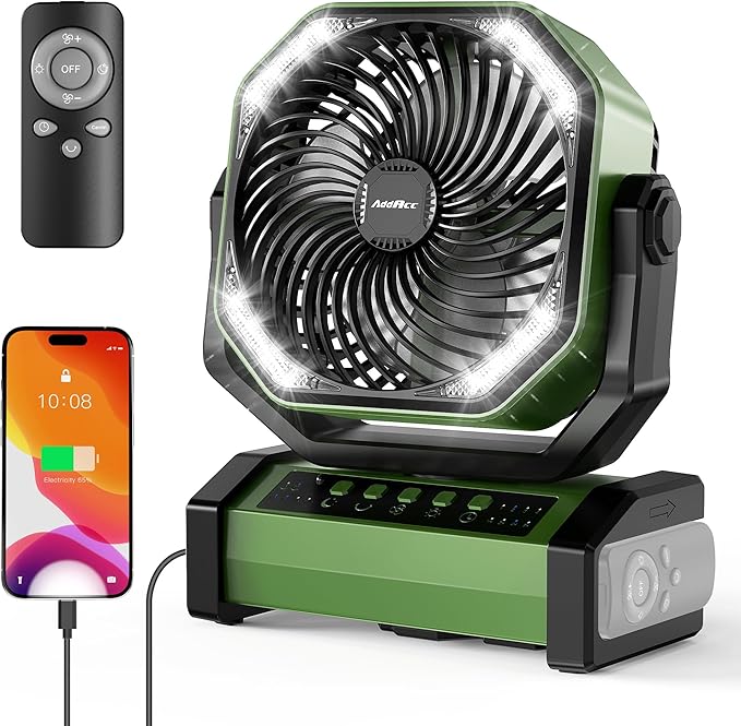 AddAcc 20000mAh Rechargeable Camping Fan - Battery Operated Fan with Light & Remote, Auto Oscillating, 4 Timer, 60 Hrs Work Cordless Tent Fan for Travel Outdoor RV Garage Power Outage Emergency