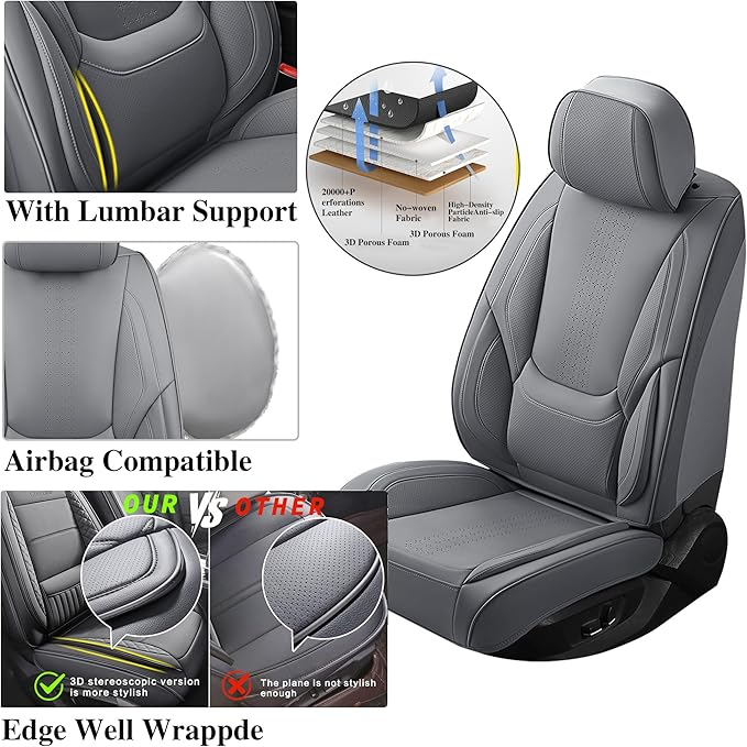 Chezope Car Seat Covers Full Set, Grey Leather Seat Covers, Breathable Front and Back Car Seat Protectors, Wear-Resistant Seat Covers Universal Fit for Most Cars SUV Truck (Grey-Solid, Full Set)