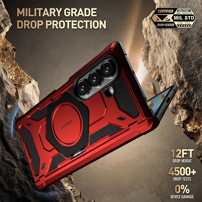 Poetic Spartan for Samsung Galaxy Z Fold 7 Case, [Hinge Protection][Magnetic Ring Adjustable Stand][Built-in Screen Protector][Compatible with MagSafe] Full-Body Rugged Phone Case, Metallic Red