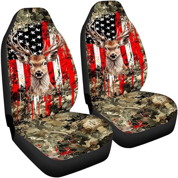 ELEQIN Deer American Flag Front Car Seat Covers 2pc, Sunflower Automotive Seat Covers Car Accessories Universal Size Fit for Most Cars,SUVs&Trucks&Vans
