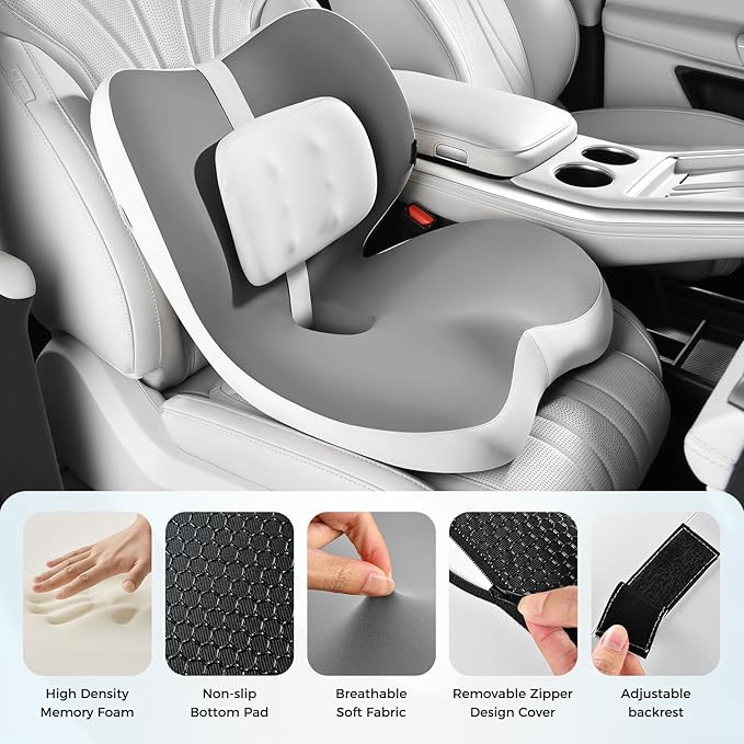 FLORICH 2 in1 Truck Seat Cushion and Lumbar Support Pillow Memory Foam Car Seat Cushion with Adjustable Strap for Truck Driver Long Drives, Fits Semi Truck Seat,Car,Office&Gaming Chair(Grey)