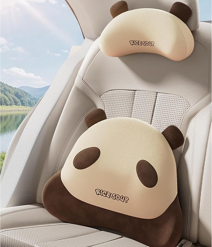 Cute Panda Car Neck Pillow & Lumbar Support Memory Foam Cushion for Driving Adjustable Headrest Waist Pillow for Most Seats (Brown, Backrest)