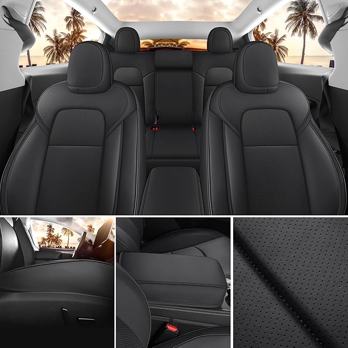 for Tesla Model Y Seat Covers Black Tesla Car Seat Cover 12pcs Waterproof Nappa Leather Seat Cover Fully Wrapped Customized for Tesla Model Y 2020-2024 (TY-Black)