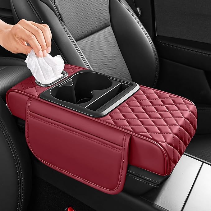 5 in 1 Car Center Console Cover, Armrest Pad with 2 Storage Pockets, Cup Holder, Tissue Box Slot, Phone Holder, Universal Car Interior Organizer (Burgundy)