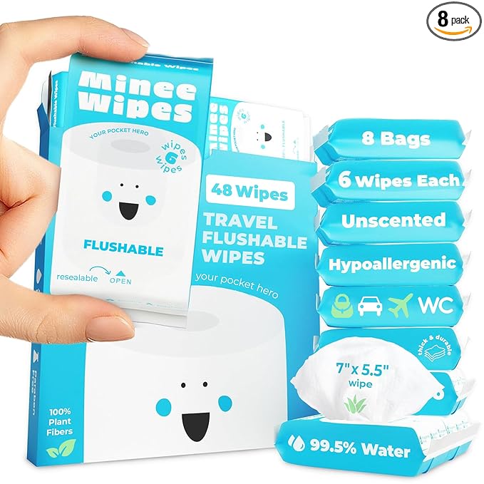 Impossibly Compact Travel Flushable Wipes - 99.5% Water and Aloe - Safe for Sensitive Skin & Hypoallergenic - Travel Essentials for Adults, Kids & Babycare, Unscented, 8 Pack 48 Wipes