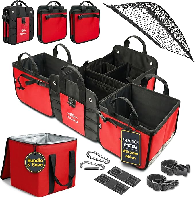 5-Section Trunk Organizer with Cooler – Extra Large Modular Car Storage System with Insulated Compartment, Foldable Multi-Module Cargo Organizer for Groceries & Travel – Red