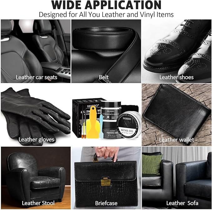 SEISSO Leather Repair Kit for Furniture, Black Vinyl Repair Kit with Mink Oil, Car Interior Leather Recoloring Balm for Scratches, Fading Shoes, Car Seat, Sofa