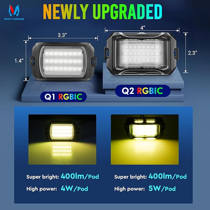 MICTUNING Q2+ MAX RGB+IC Rock Lights - 16 Pods Multi-Color DIY Effect Underglow Neon Kit, Individual Group Control, APP Music Sync, IP68 Waterproof
