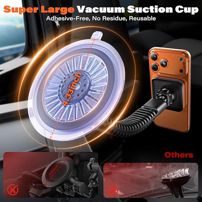 APPS2Car for Heavy-Duty MagSafe Truck Phone Mount, 4.33" Extra Large Vacuum Suction Cup, 20 Strong Magnets, Ultra-Stable Double-Rib Long Arm, Magnetic Phone Holder for Pickup, Semi Trucks, Tractor