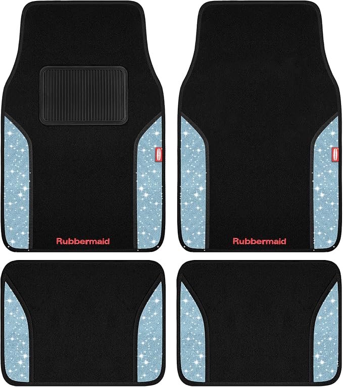 Rubbermaid Bling Car Mats, Carpeted Floor Car Mat with Faux Leather & Built-in Heel Pad, Two-Tone Car Rug Floor Mats, Stylish Carpeted Floor Mats for Cars, Trucks & SUVs Glitter Blue Color