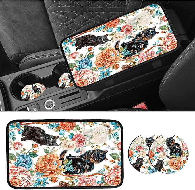 Car Armrest Cover Pads Universal Fashion Cute Auto Center Console Armrest Cover Pad with 2PCS Car Coasters Soft Waterproof Car Armrest Seat Protector for Women, Three Cats Penoy