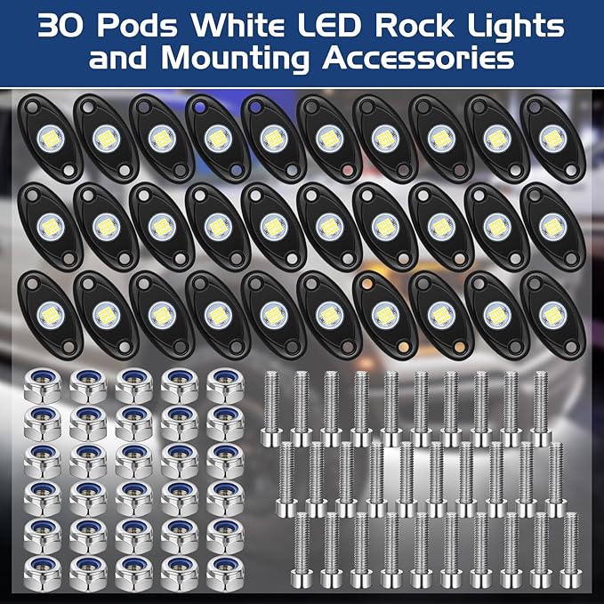 Baquler 30 Pods Rock Lights White Underglow Lights for Trucks Car SUV Waterproof Shockproof LED Ambient Rocklights Automotive Trailer Lighting for Motorcycle Boat ATV UTV(9LED Chips Style)