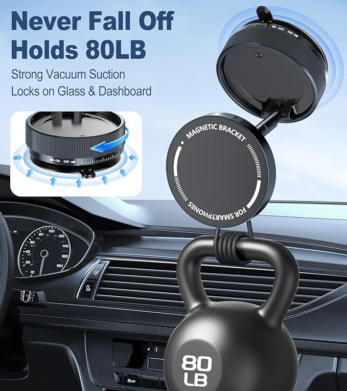 Suction Cup Phone Mount, Vacuum Magnetic Phone Holder Stand for Car, 5 Nano Gel Pads for Smooth/Rough Surfaces, 360° Rotatable Strong Grip Phone Stand for All Smartphones, Driving Home (Black)