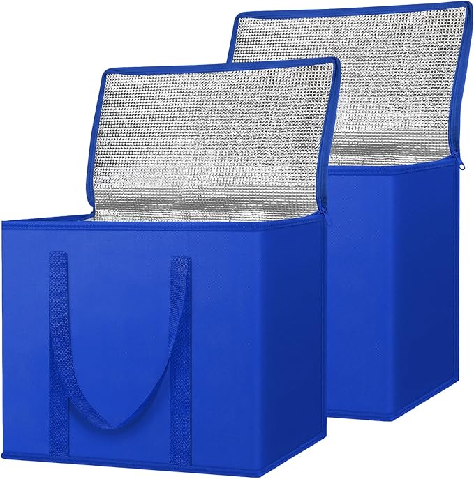 BALEINE 2Pk Insulated Reusable Grocery Bags, Collapsible Cooler Bag for Groceries, Heavy Duty Large Insulated Bag (16''x9''x13'', Midnight Blue)
