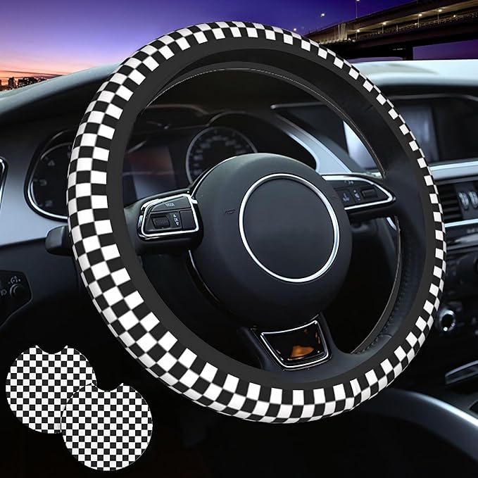 Black and White Checkered Steering Wheel Cover Wheel Cover Anti-Slip Breathable Universal for 15 Inch Car Steering Wheel Cover with 2 Pieces Car Coasters Suitable for Men Women