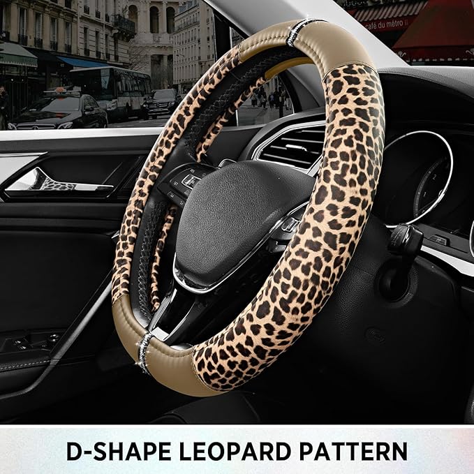 Road Comforts Leopard Steering Wheel Cover - Made with PVC Leather Cheetah Print, D-Shaped Automotive Steering Wheels - Anti-Slip, Universal Fit 14 1/2 inches to 15 inches - Beige