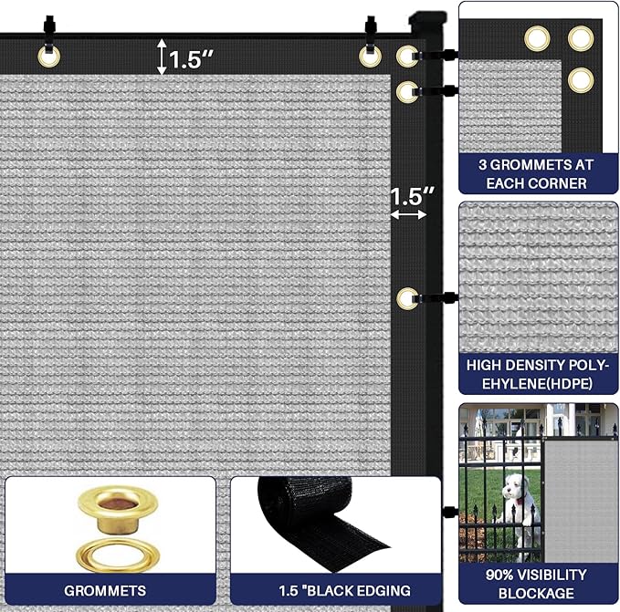 Windscreen4less Privacy Fence Screen Heavy Duty Windscreen Fencing Mesh Fabric Shade Net Cover with Brass Grommtes for Outdoor Wall Garden Yard Pool Deck, 8'x66' Light Gray