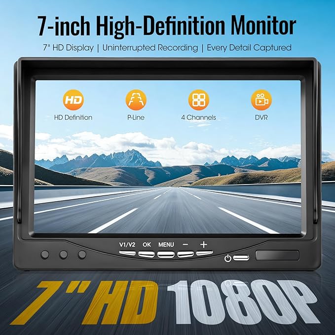 4-Wired Backup Camera System, 7" DVR Quad Screen Rear Side View Cameras, IP69 Waterproof IR Night Vision, 20G Vibration-Proof for Trailer/RV/Tractor/Combine/Skid Steer/Van/Heavy Equipment, Y2