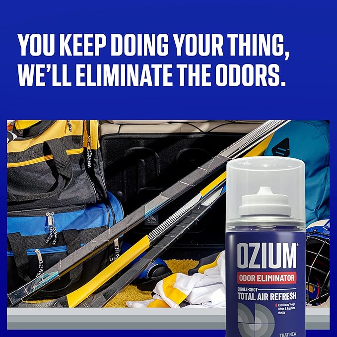 Ozium Air Sanitizer, 2 oz Car Fogger: Single-Shot Smoke Odor Eliminator & Car Air Freshener (New Car Smell, 4 Packs)