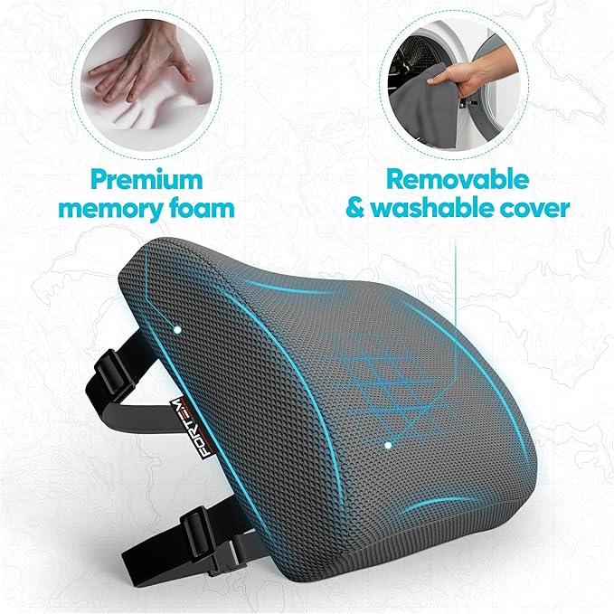 FORTEM Lumbar Support Pillow for Office Chair, Lumbar Support Pillow for Car, Back Rest for Gaming, Memory Foam Pillow, Desk Chair Cushion, Breathable & Washable Cover, Adjustable Straps
