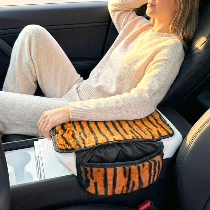 Plush Tiger Print Car Center Console Cover with Side Pockets, Fluffy Armrest Cushion Pad,Soft Car Interior Decorations Accessories with Storage for Women,Universal Fit for Vehicles SUV Truck